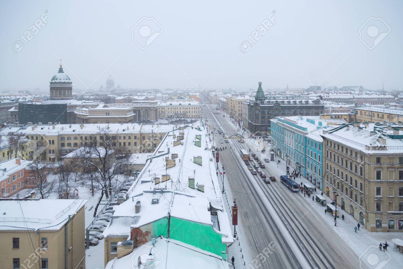 ST. PETERSBURG, RUSSIA - JANUARY, 2019_Snowy Weather In St. Petersburg, Christmas City, Snowfall, View From The Duma Tower On Nevsky Prospect, Zinger House